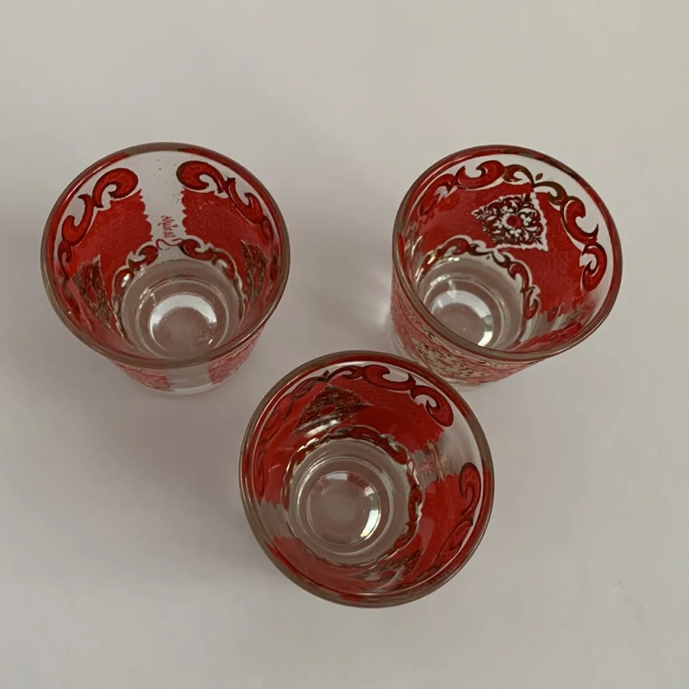 VTG Starlyte Barware Shot Glasses Signed Red and Gold Textured Design Set Of Six